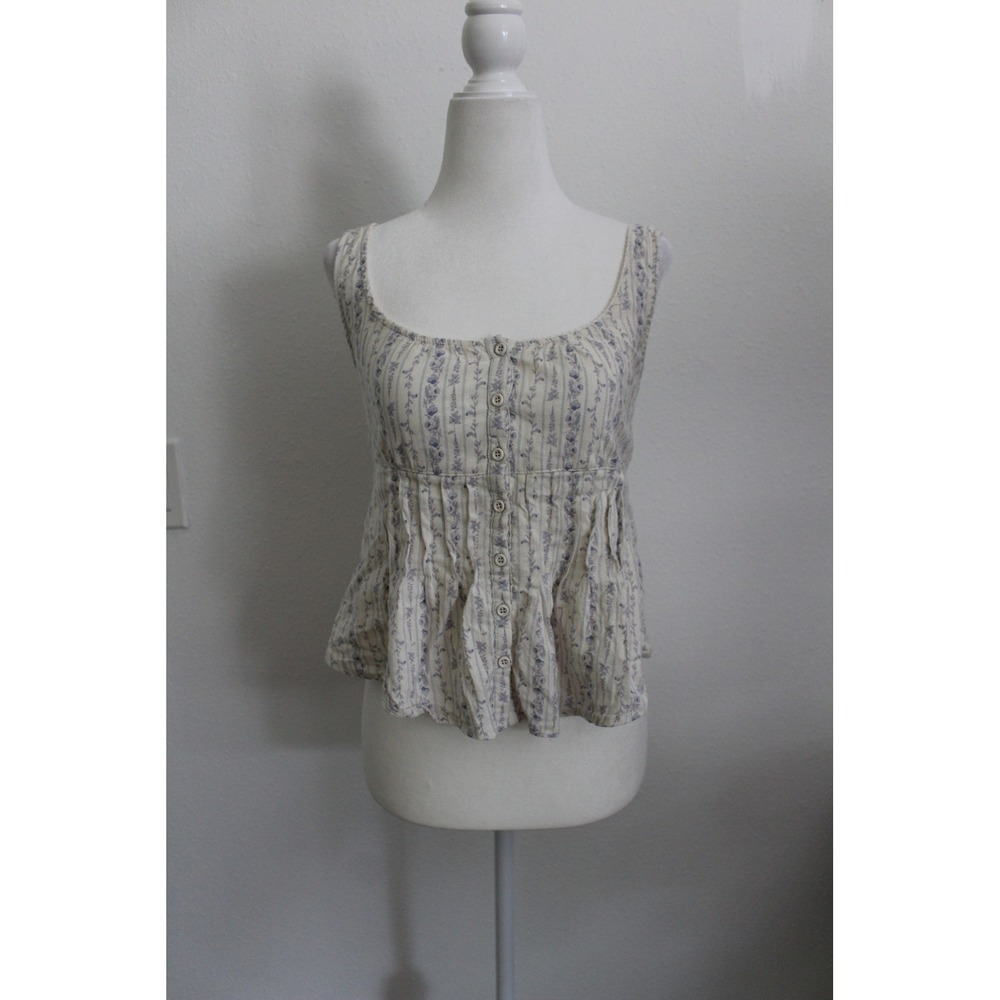 Kirious Los Angeles Floral Stripe Peplum Top Blue Cream XS Button Front Tie Back